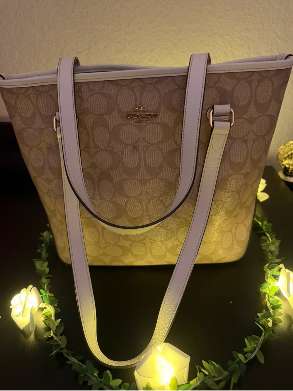Coach Beige Signature Canvas Tote with Light Pink Trim